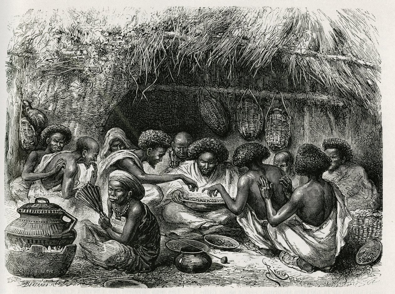 Toilet of the coffee, the woman has the fan activates the fire that heats the coffee beans, once rissoles in the fat, the coffee is poured with oil into a large dish and circulates among the somalis guests, each anointed with a drop of oil on the ears, the 作者 爱德华·里奥（Edouard Riou）