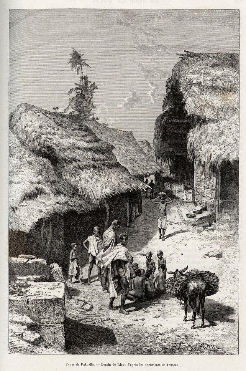 Pakhala（象牙海岸）的类型。 Riou 版画，说明路易斯·古斯塔夫·宾格船长（1856-1936 年）的故事“从尼日尔到几内亚湾”，1887-1889 年，在 Le tour du monde，nouveau journal des voyages，指导下 爱德华·查 作者 爱德华·里奥（Edouard Riou）