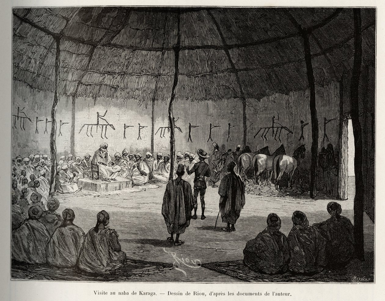 参观卡拉加纳巴（加纳）。 Riou 版画，说明路易斯·古斯塔夫·宾格船长（1856-1936 年）的故事“从尼日尔到几内亚湾”，1887-1889 年，在 Le tour du monde，nouveau journal des voyages，指导下 爱德华 作者 爱德华·里奥（Edouard Riou）