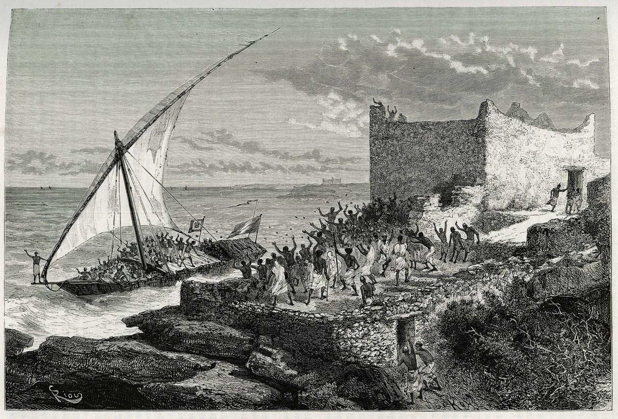 With the dung of travelers entering the harbour of Moguedouchou (Mogadishu), sailors make a huge racket to attract the people who welcome them with shouts of enthusiasm. Engraving by Riou, to illustrate the story “” Voyage chez les Benadir, les somalis et  作者 爱德华·里奥（Edouard Riou）