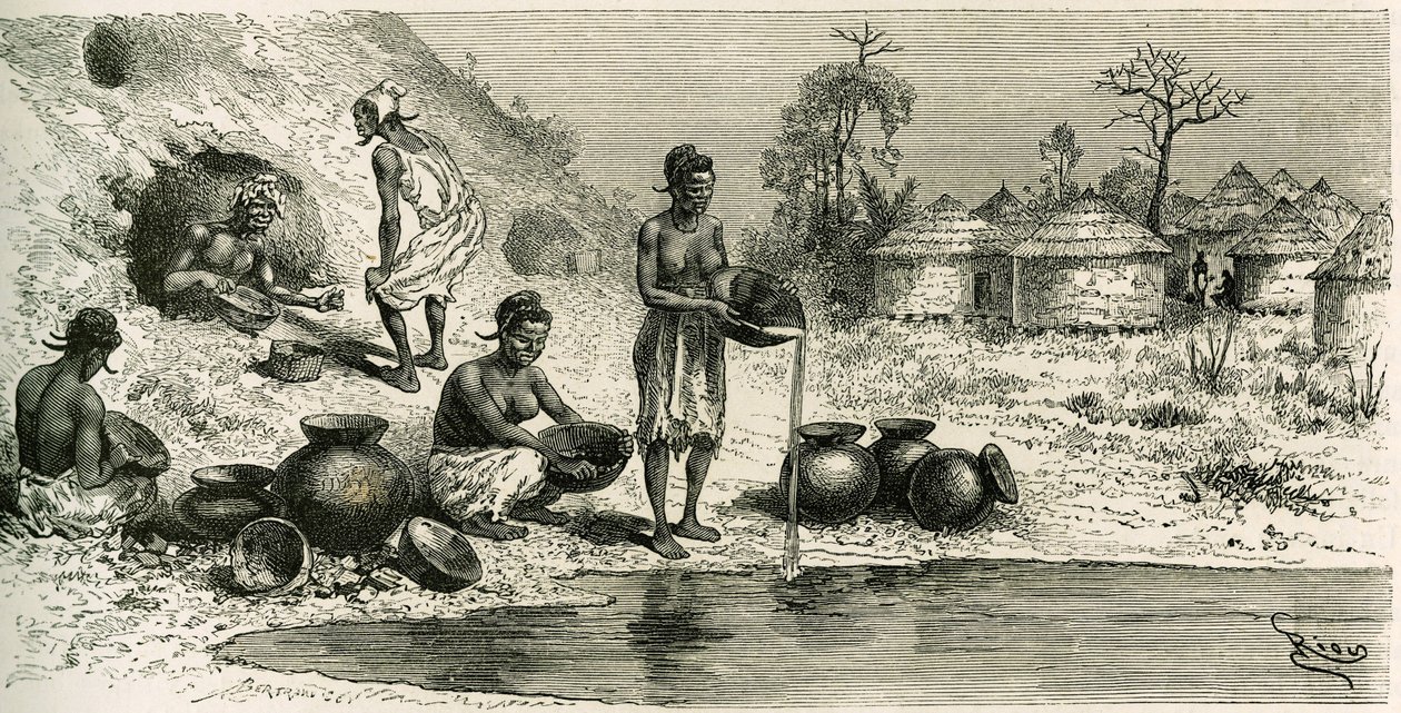 Women in the village of Koumakhana wash gold, in the background, men seek gold in underground galleries. Engraving by Riou, to illustrate the story “Exploration du Haut-Niger (Haut-Niger)” (present-day Mali) by Commander Joseph Gallieni (1849-1916) of the  作者 爱德华·里奥（Edouard Riou）