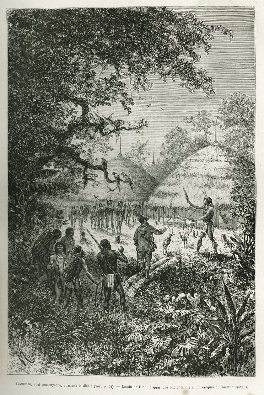Yacouman，Roucouyenne 酋长，Oyapock 河畔圭亚那部落，追逐魔鬼，他在孩子出生后穿过村庄，用羽毛刷洒上乳白色的液体，在 Riou 的一幅画后雕刻，以说明 这 作者 爱德华·里奥（Edouard Riou）