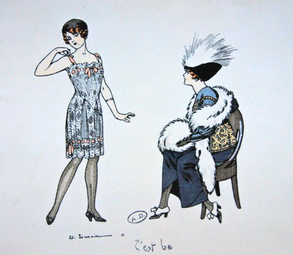 向客户展示纸条的人体模型，约1912年（彩色平版印刷）。 作者 爱德华·图兰恩