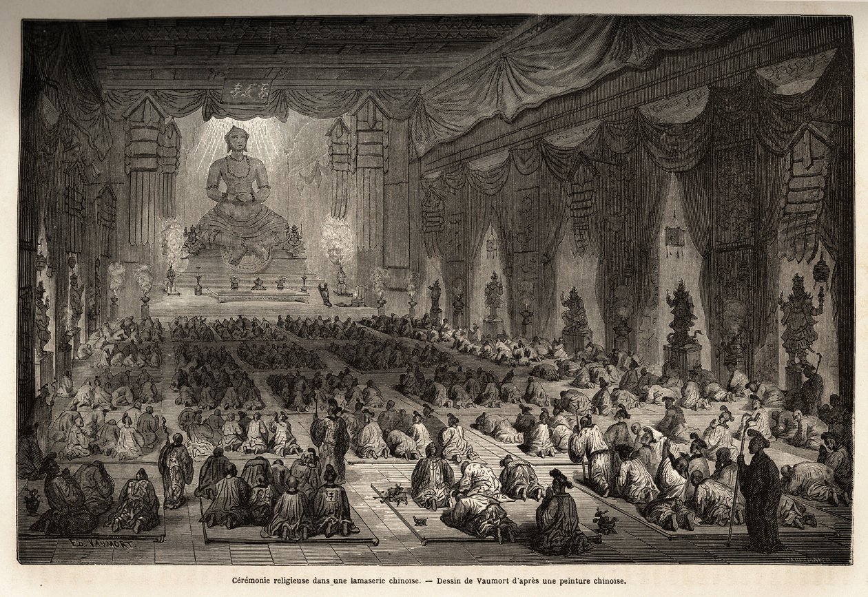 Religious ceremony in a Chinese lamasserie, drawing by Vaumort (? -1886), to illustrate the journey from Shanghai to Moscow, from 1859 to 1862, of M. de Bourboulon, French minister to China. Engraving in “” Le tour du monde””, edited by Edouard Charton 作者 爱德华·沃莫