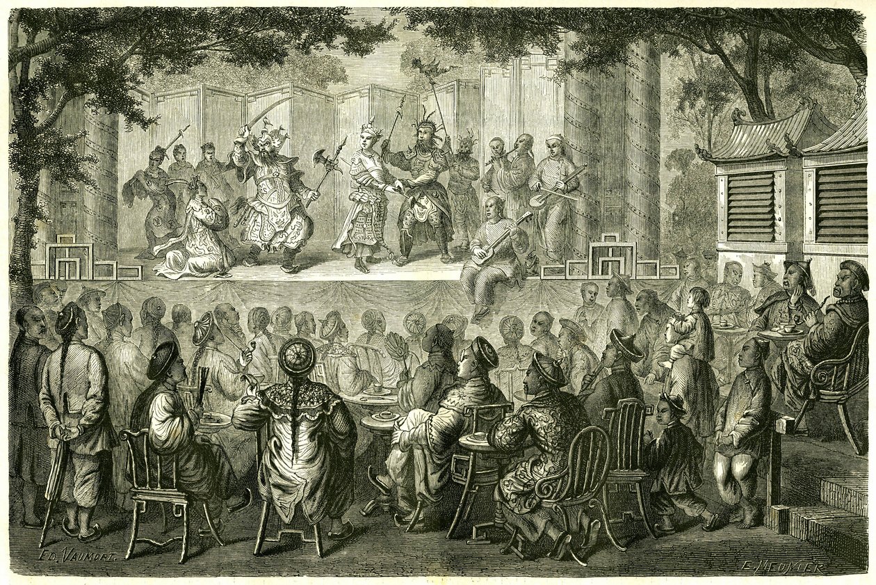 View of a representation of the Opera de Pekin (Beijing), China, after the travel story of Madame de Bourboulon. Engraving after a drawing by Vaumort, in “” Le Tour du Monde, Nouveau journal des Voyages””, edited by Edouard Charton, Paris 作者 爱德华·沃莫