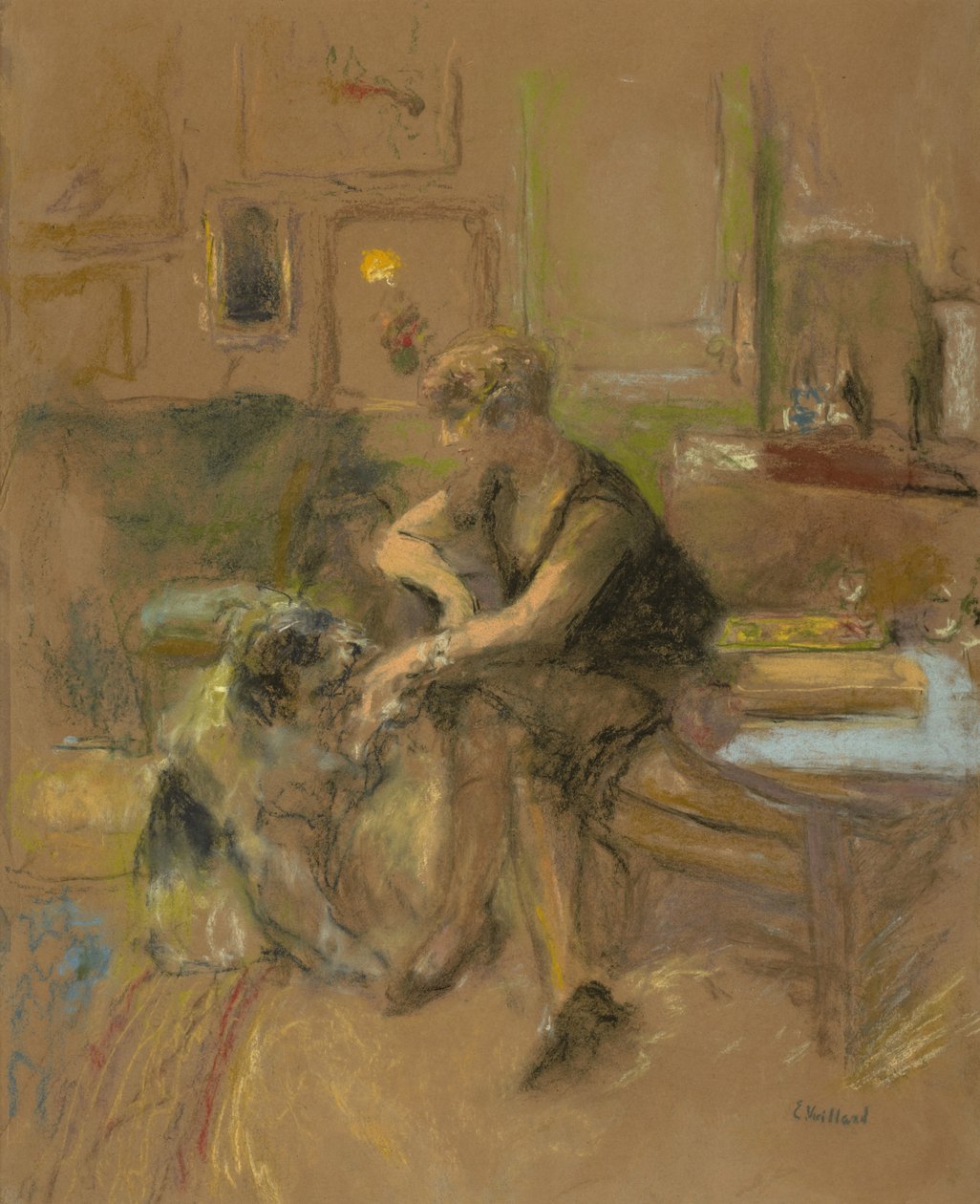 加布里埃尔·乔纳斯（Gabrielle Jonas）和狗一起玩，1927年 作者 爱德华·维拉德