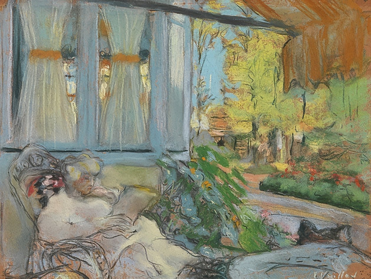 赫瑟尔·奥夫·德·特拉瑟夫人（Les Hessel auf der Terrasse lesend）夫人（夫人赫赛尔在克洛塞尚的露台上读书）。嗯1920-25 作者 爱德华·维拉德