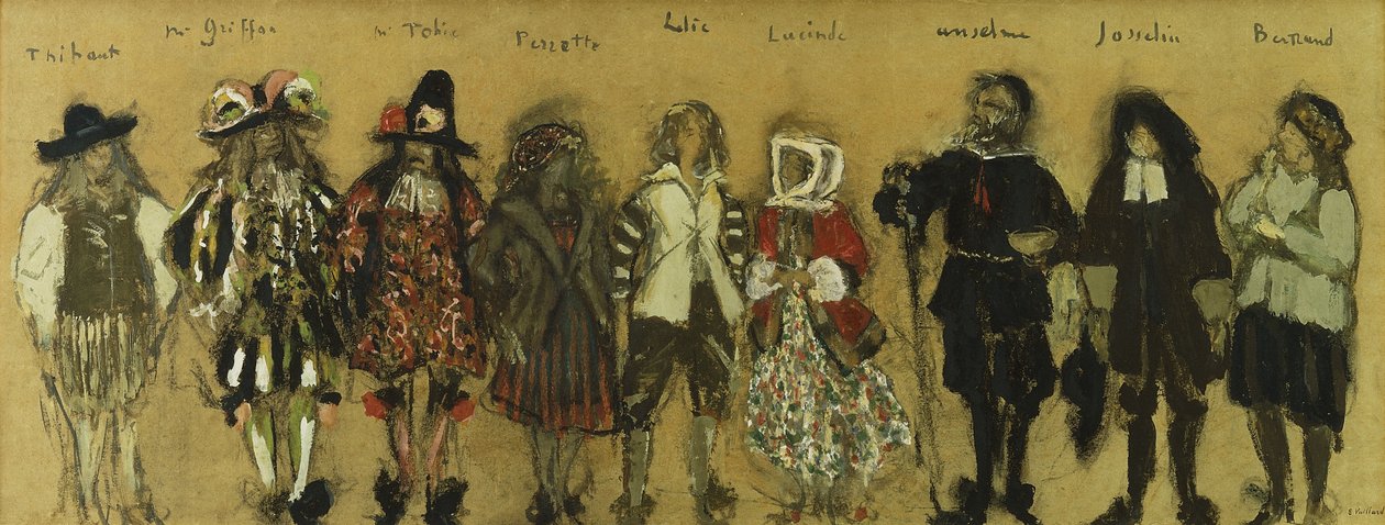 在让·德拉芳斯（Jean de la Fountaine）的“ La Coupe Enchantee”中为九位演员研究服装；让·德拉·芳丹（Jean de la Fontaine）着迷的魔法杯新服装研究，1918年 作者 爱德华·维拉德