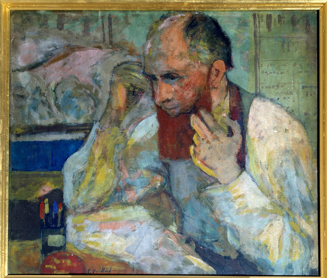 The comedian Aurelien Lugne Poe (Lugne-Poe) (1869-1940) making make-up, 20th century Paris, Comedie of the Champs Elysees (oil on canvas) 作者 爱德华·维拉德