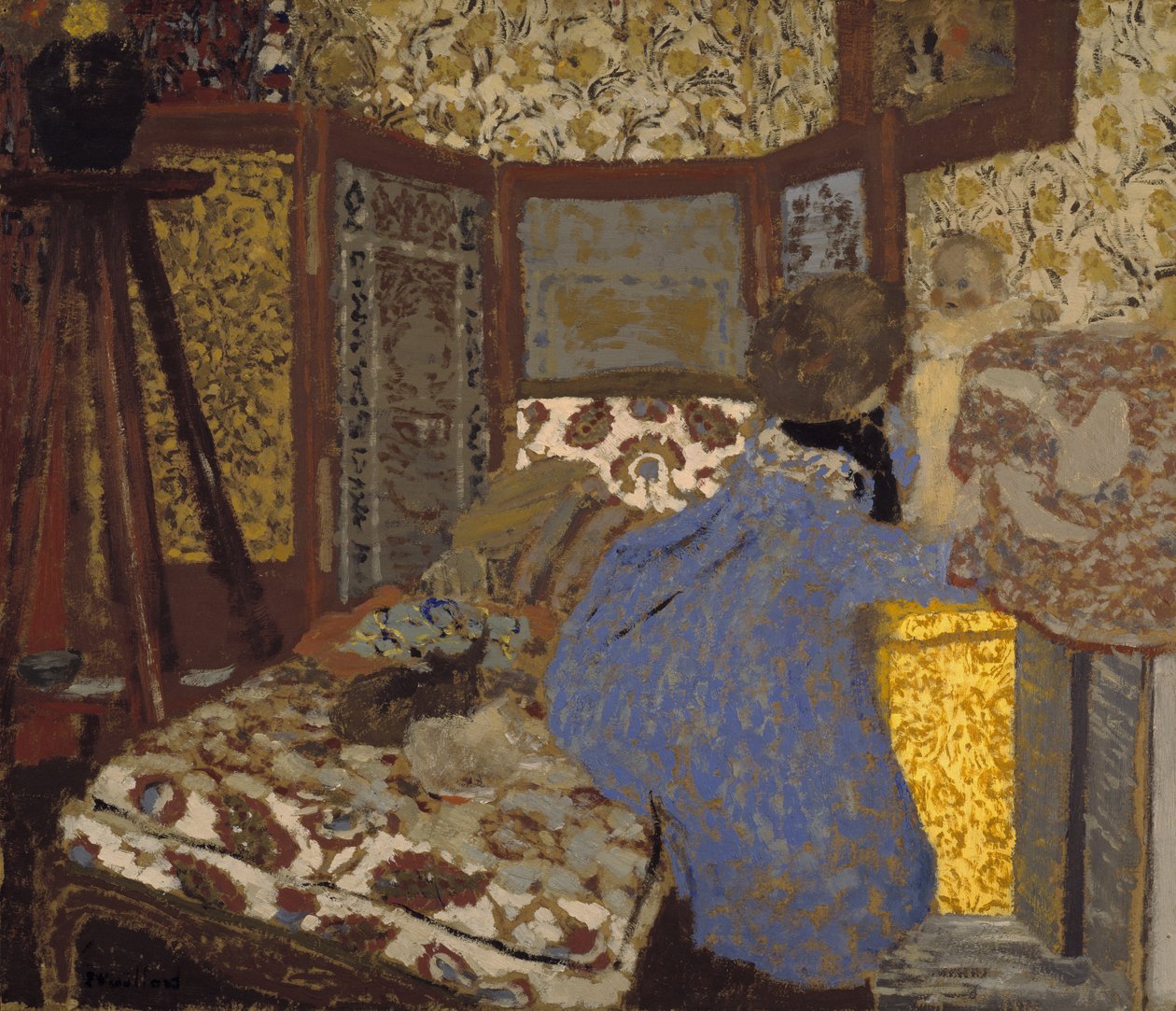 带着孩子的蓝衣女子，约 1899 年（纸板油画） 作者 爱德华·维拉德