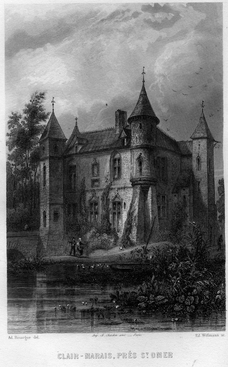 法国北加来海峡地区（Nord Pas de Calais）圣奥马尔（Saint Omer）附近的克莱尔沼泽（Clair-Marais 或 Clairmarais）。威尔曼在让-伯纳德-玛丽-拉丰（Jean Bernard Mary-Lafon）的《古代和现代法国》中的雕刻作品 作者 爱德华·威尔曼