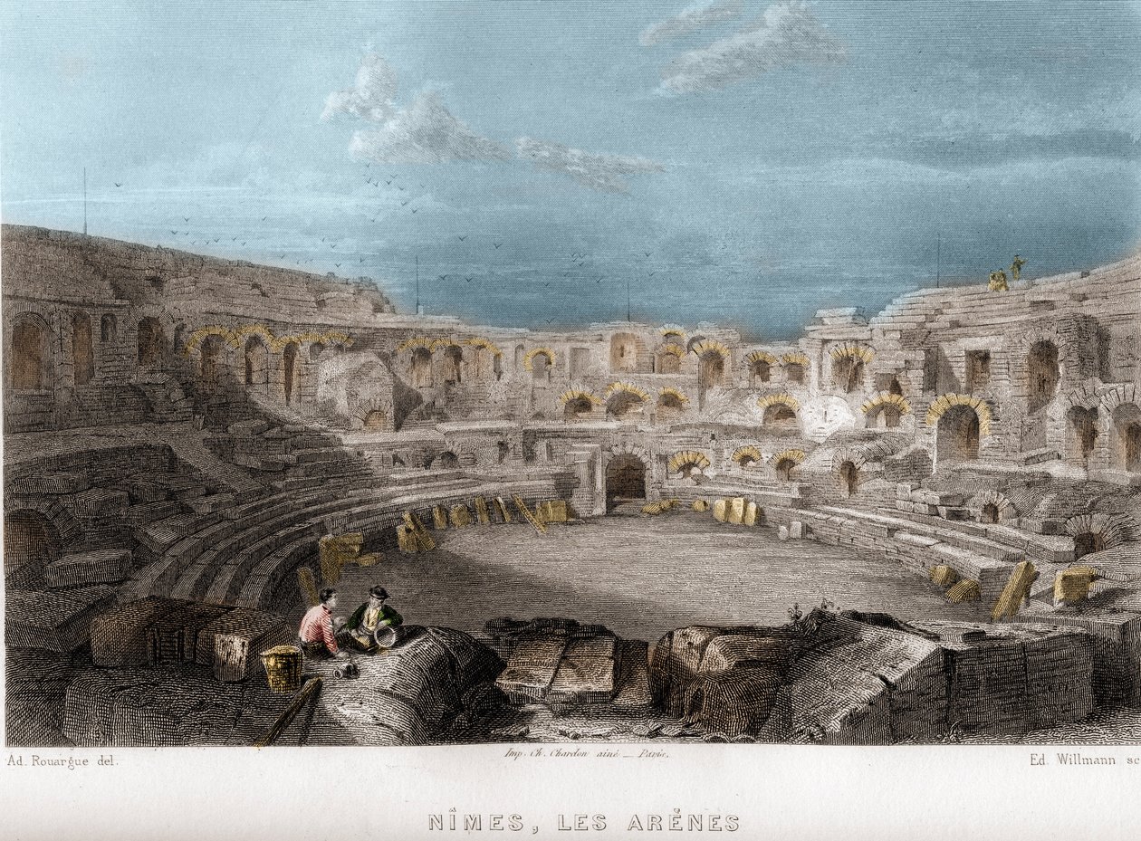 Les arenes de Nimes, Gard, Languedoc-Roussillon (Languedoc Roussillon), France.威尔曼在让-伯纳德-玛丽-拉丰（Jean Bernard Mary-Lafon）的《古代和现代法国》中的雕刻作品 作者 爱德华·威尔曼
