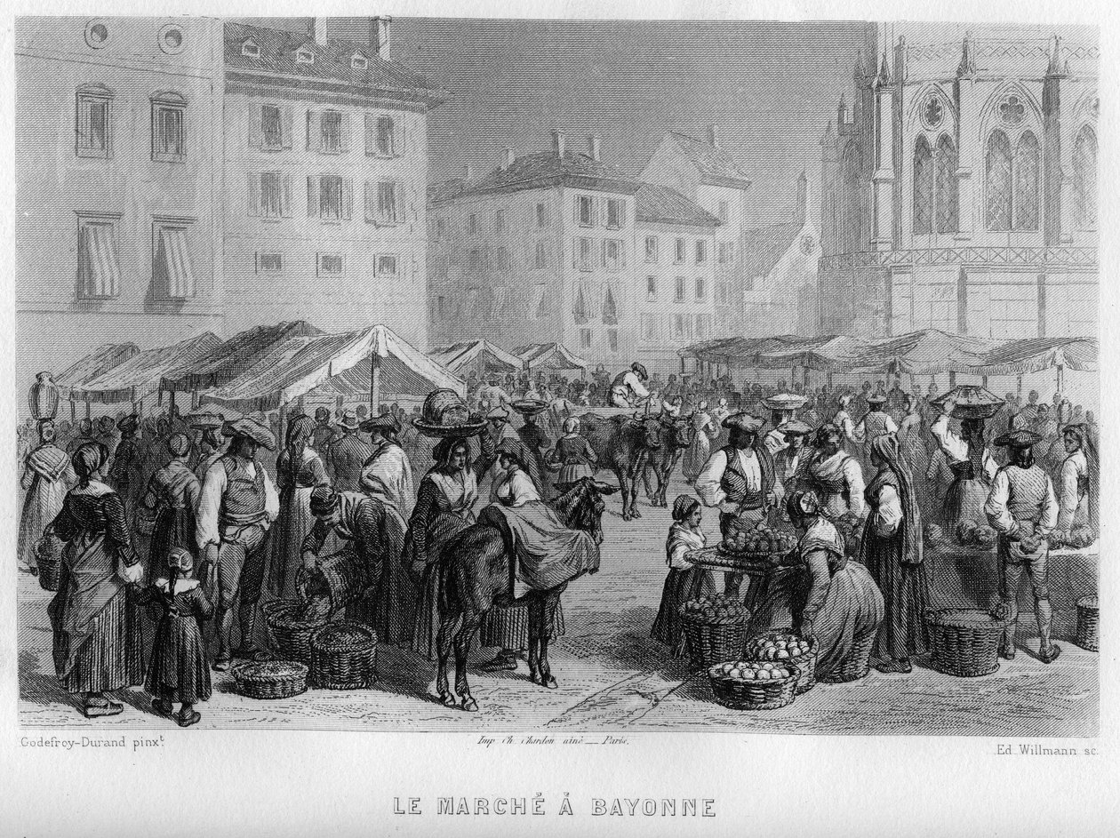 法国阿基坦省Pyrenees-Atlantiques（比利牛斯山脉）巴约纳的Marche。威尔曼在让-伯纳德-玛丽-拉丰（Jean Bernard Mary-Lafon）的《古代和现代法国》中的雕刻作品 作者 爱德华·威尔曼
