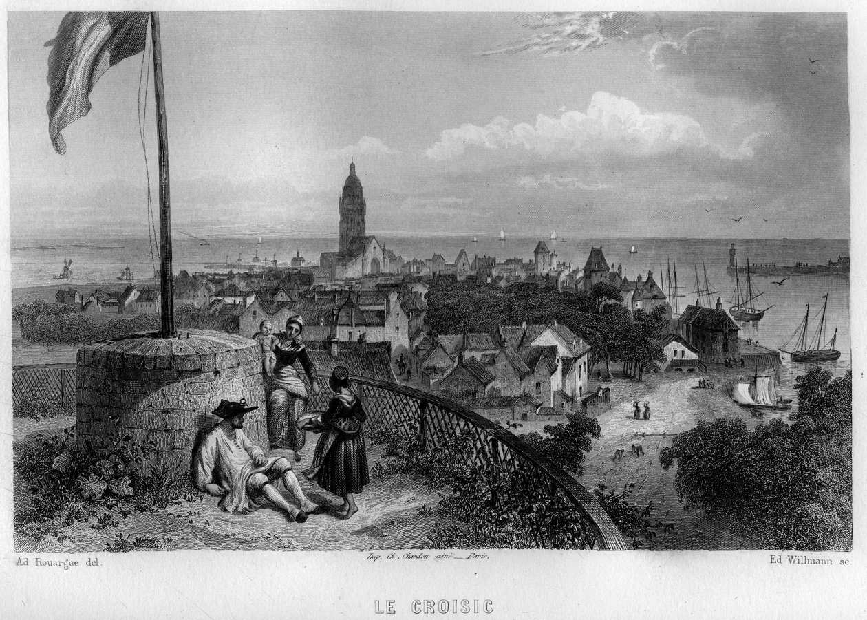 法国卢瓦尔省大西洋地区（Loire-Atlantique）的克罗伊西克（Le Croisic）市的景色。威尔曼在让-伯纳德-玛丽-拉丰（Jean Bernard Mary-Lafon）的《古代和现代法国》中的雕刻作品 作者 爱德华·威尔曼
