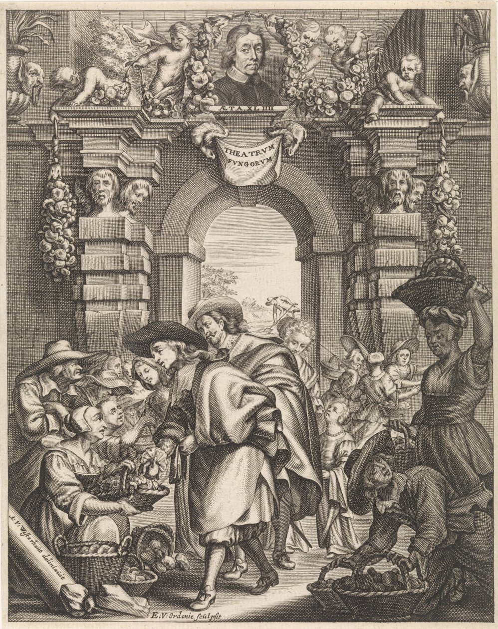 两位先生在市场买蘑菇
标题插图：F. van Sterbeeck，Theatrum Fungorum out het tooneel der Campernoelien，1675 年 作者 爱德华·范·奥多尼