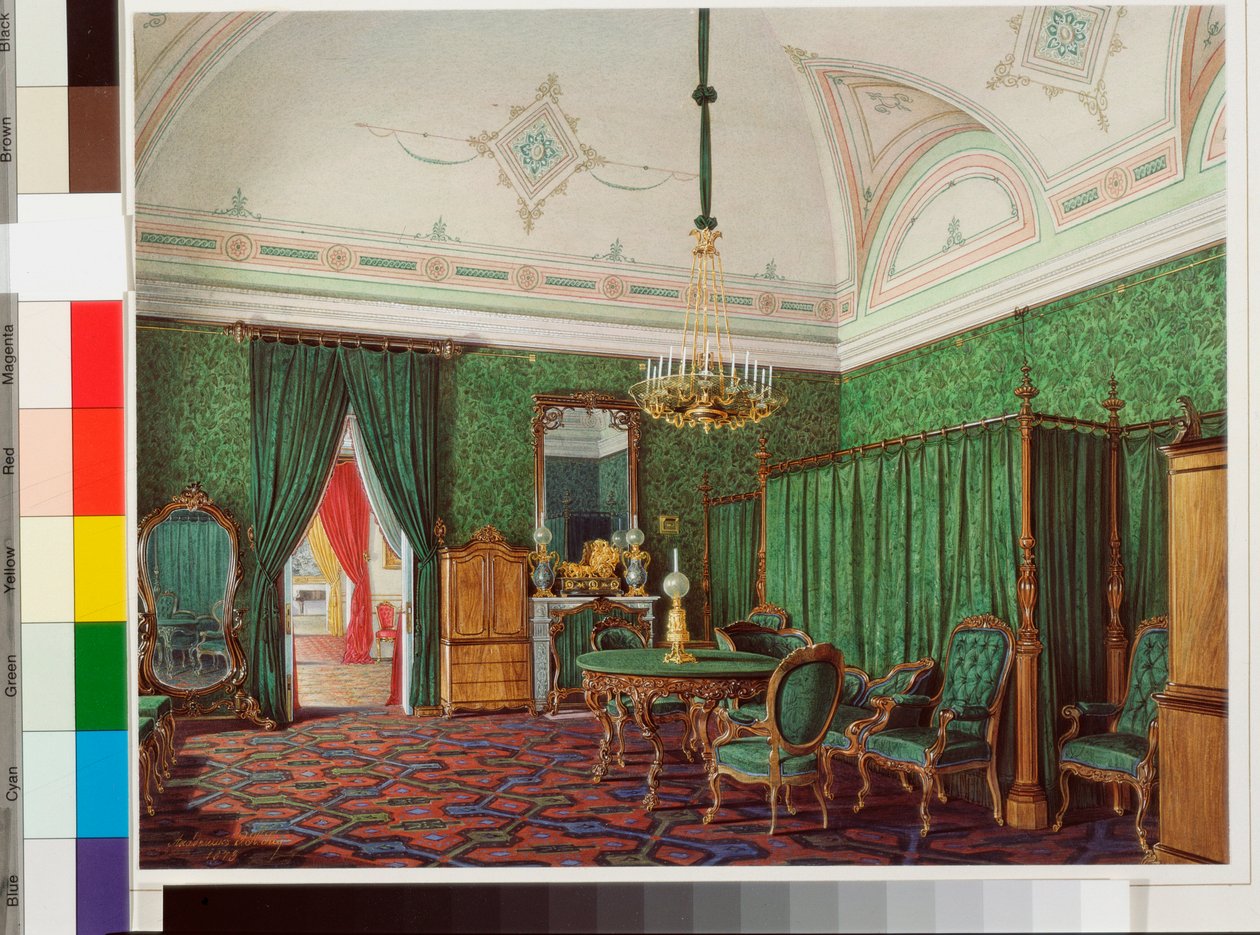 冬宫内部装饰（圣彼得堡冬宫） ：爱德华（爱德华）-豪（1807-1887 年）的纸上水彩画：第三居室 - 卧室 作者 爱德华·豪（Eduard Hau）
