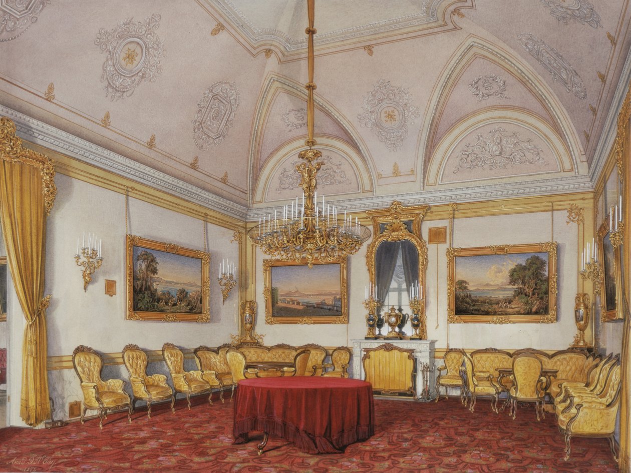 冬宫的内部。第三保留公寓。客厅，1872年 作者 爱德华·豪（Eduard Hau）
