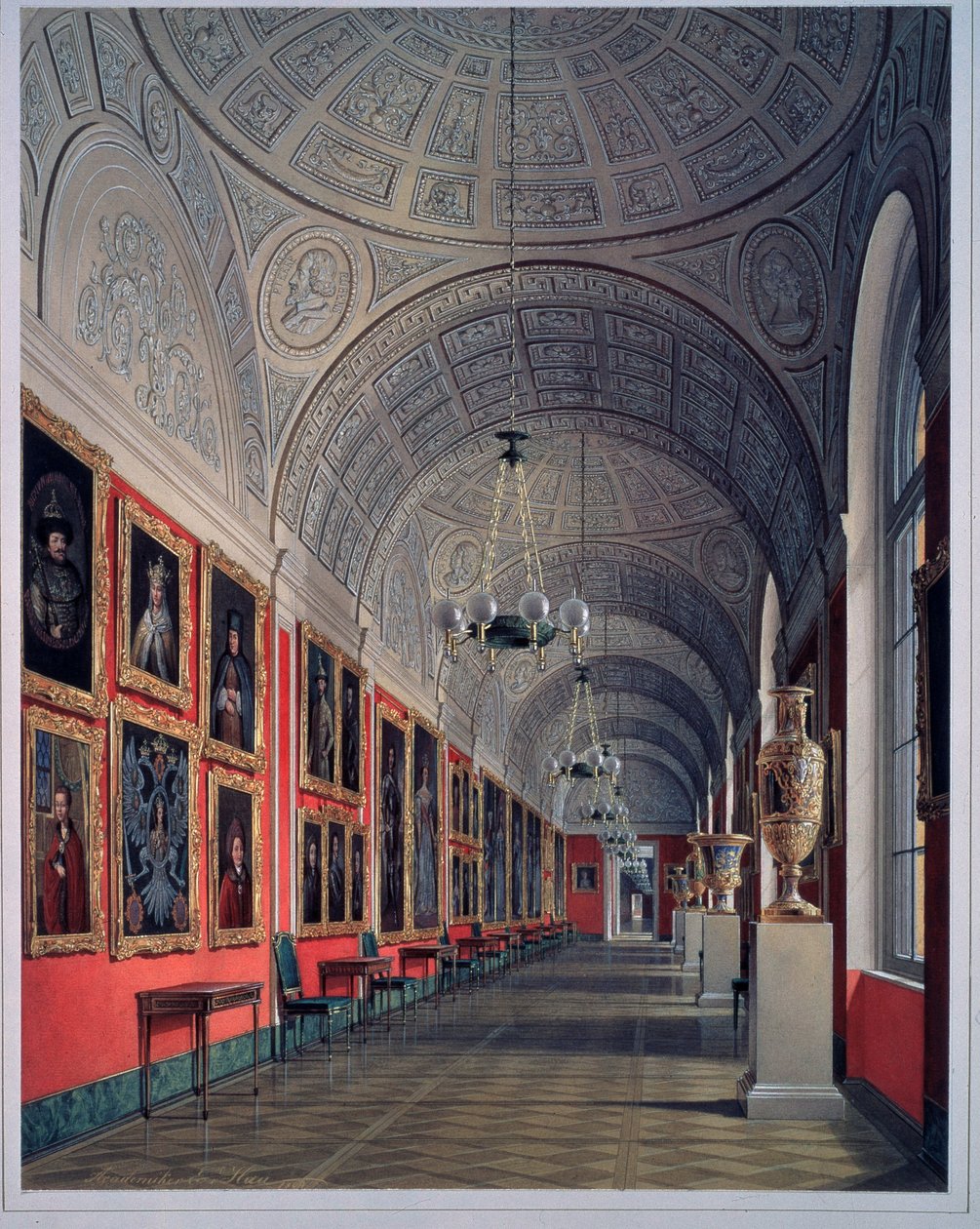 新冬宫，罗曼诺夫画廊，北区。爱德华（爱德华）-豪（1807-1887 年）的作品，1864 年纸面水彩画。19 世纪俄罗斯艺术。圣彼得堡国家冬宫。 作者 爱德华·豪（Eduard Hau）