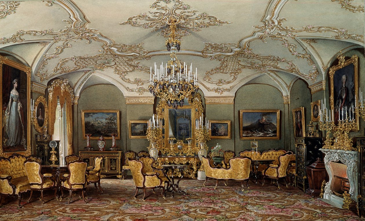 亚历山德拉·费奥多罗夫娜（Fedorovna 或 Feodorovna 或普鲁士的夏洛特（1798-1860））沙龙的视图，沙皇尼古拉一世的妻子在加奇纳宫。 水彩画归属于爱德华 (Edouard) Hau (1807-1870) 19 世纪圣彼得堡，艾尔米塔什博物馆 作者 爱德华·豪（Eduard Hau）