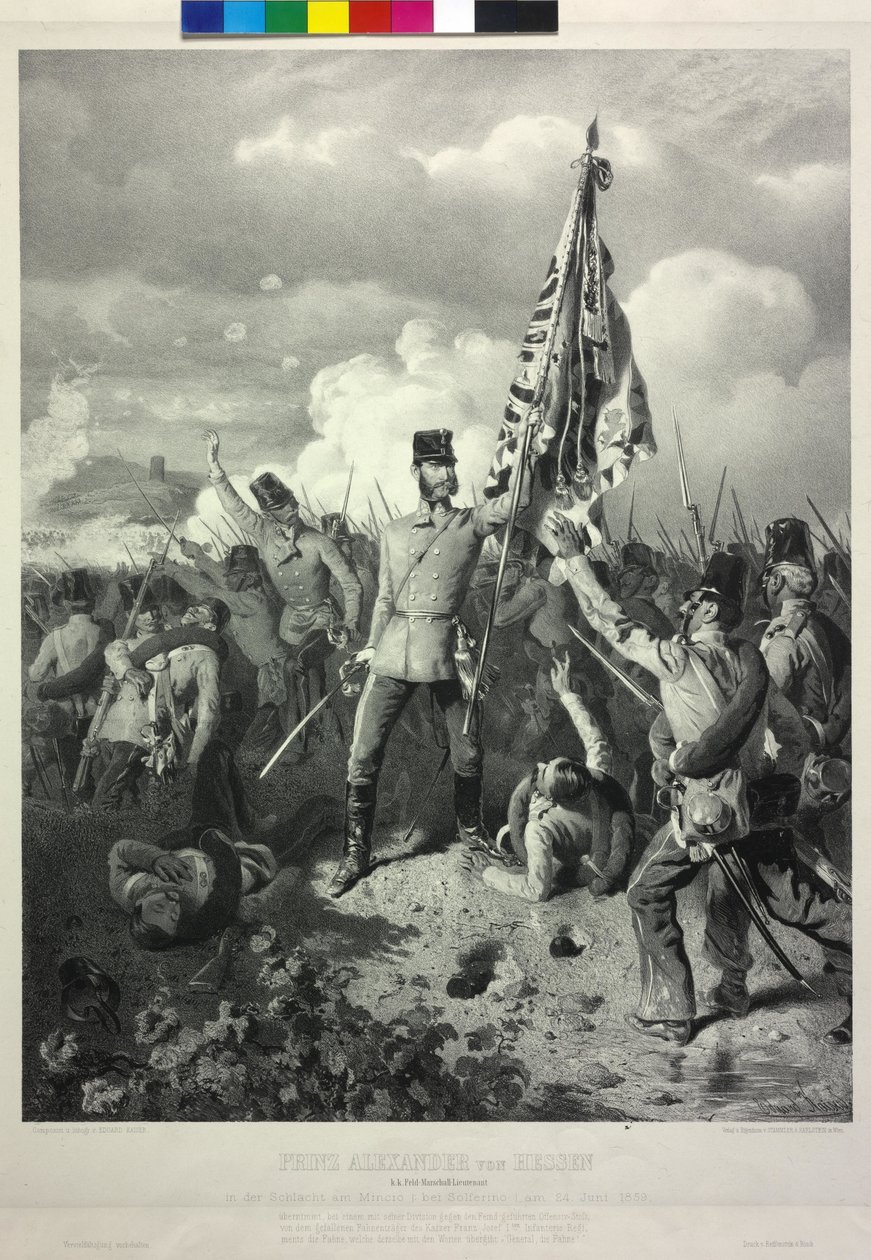 1859 年 6 月 24 日在索尔费里诺的明焦河战役中担任陆军中尉的黑森亲王亚历山大（Prince Alexander of Hesse k. k. field marshal lieutenant）。1859年6月 作者 爱德华·凯瑟（Eduard Kaiser）