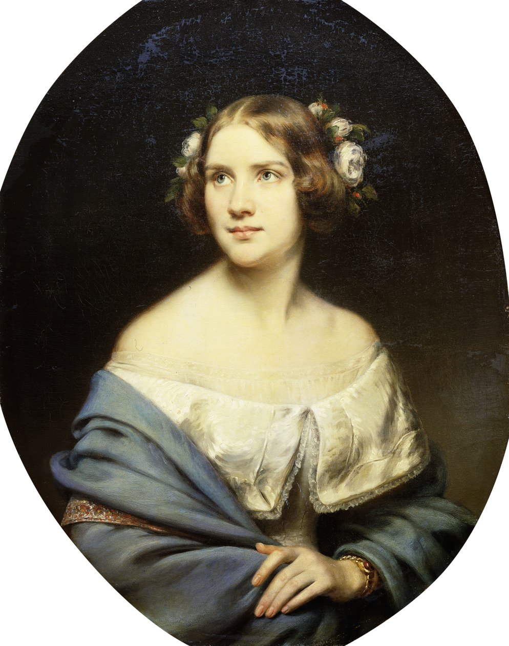 珍妮·林德（Jenny Lind）的肖像，身穿白色礼服和浅蓝色披肩的身高一半 作者 爱德华·马格努斯