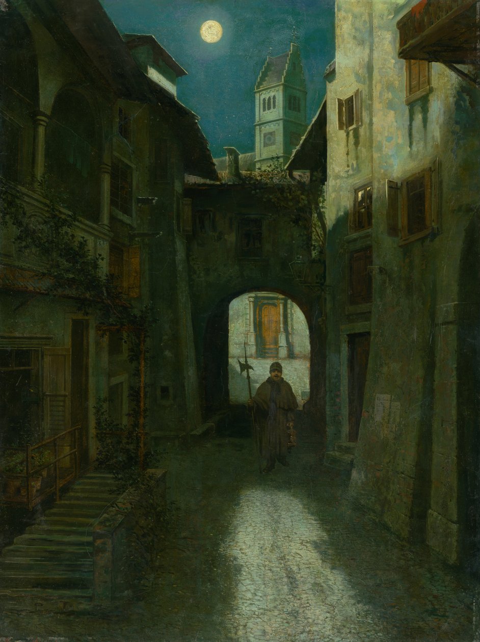 老城区的守夜人，1880年。 作者 爱德华·梅希（Eduard Majsch）