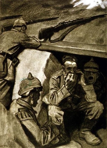 战壕中的口风琴》，德国杂志《Simplicissimus》插图，约 1915 年（平版）。 作者 爱德华·托尼