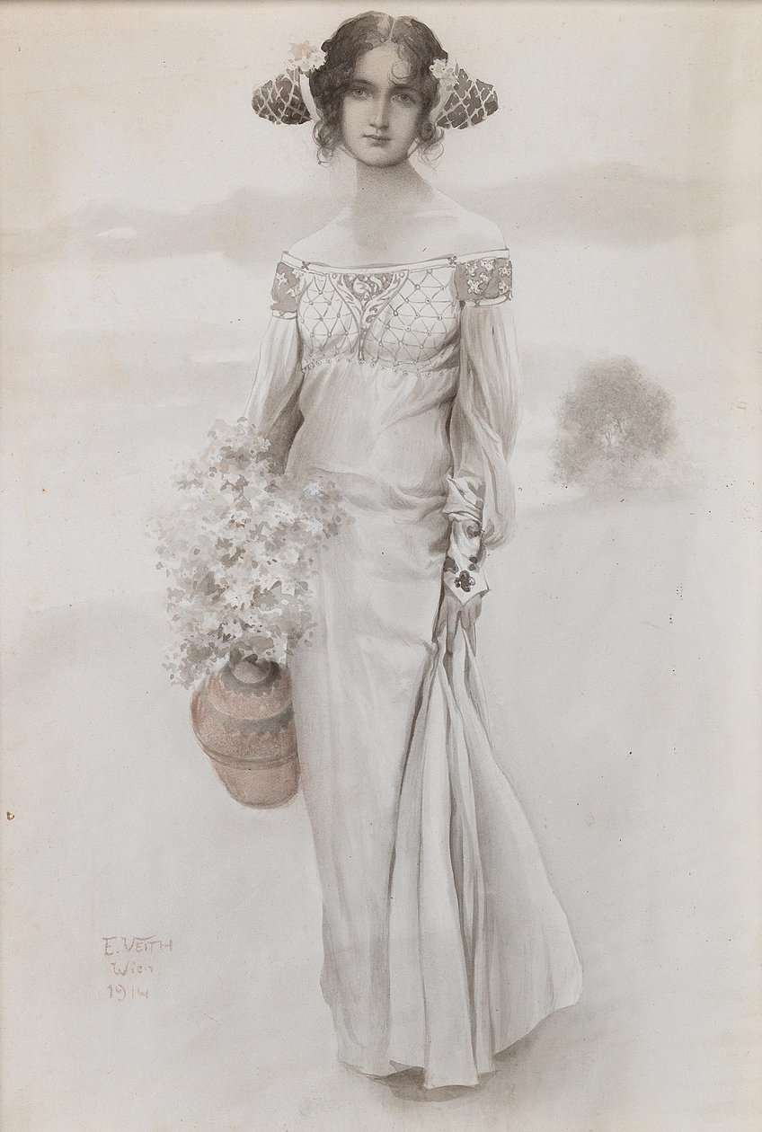 一个拿着壶和一束花的女孩，1914年。 作者 爱德华·韦斯