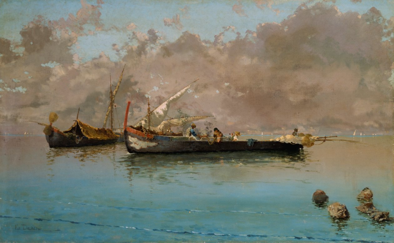 有渔船的码头，爱德华多-达尔博诺（1841-1915），布面油画，64.5x104.5厘米 作者 爱德华多·达波诺