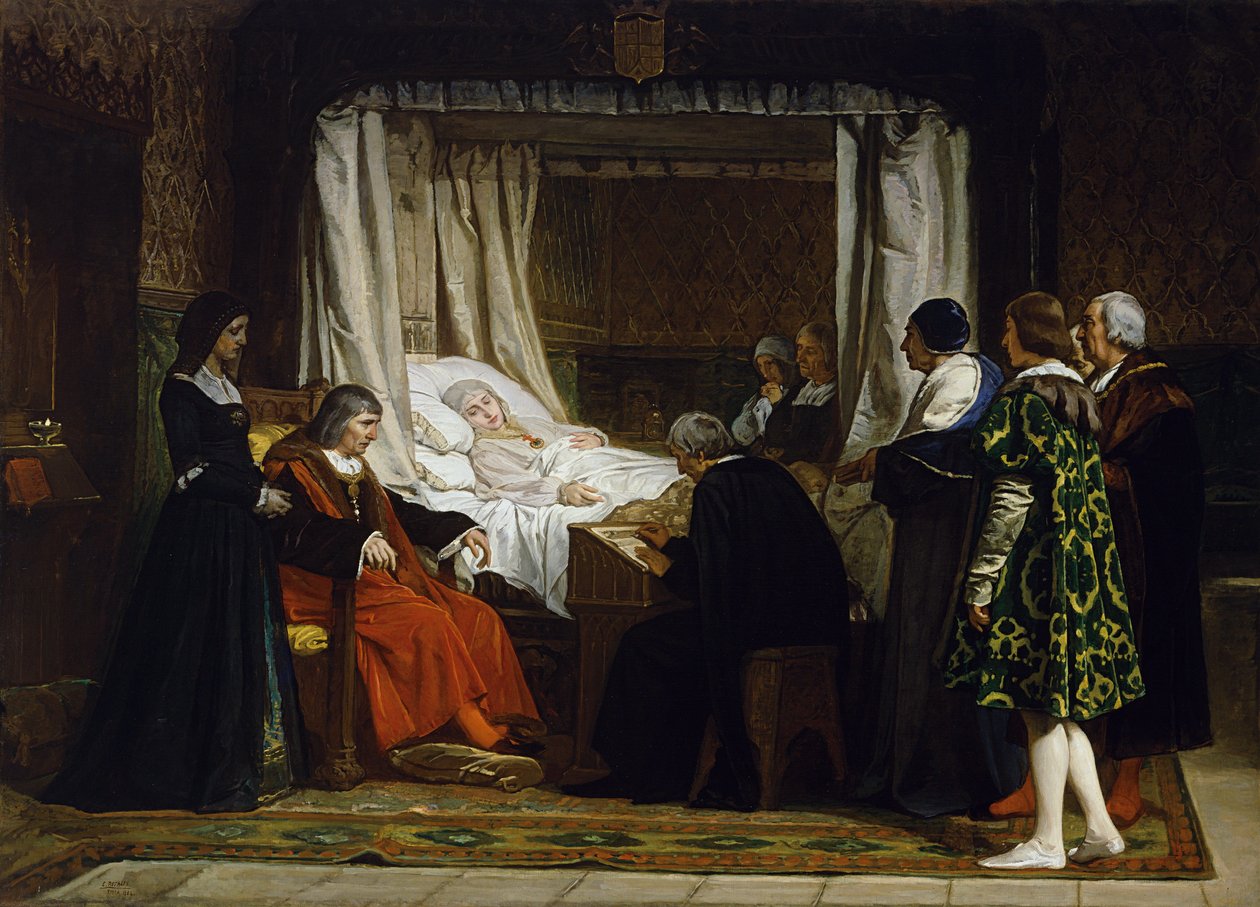 La Reine Isabelle la Catholique dicte son testament - 卡斯蒂利亚女王伊莎贝拉一世口述她的最后遗嘱 - Eduardo Rosales Gallina（1836-1873）的画作 - 1864年 - 布面油画 - 290x400 - 普拉多博物馆，马德里 作者 爱德华多·罗萨莱斯（Eduardo Rosales）