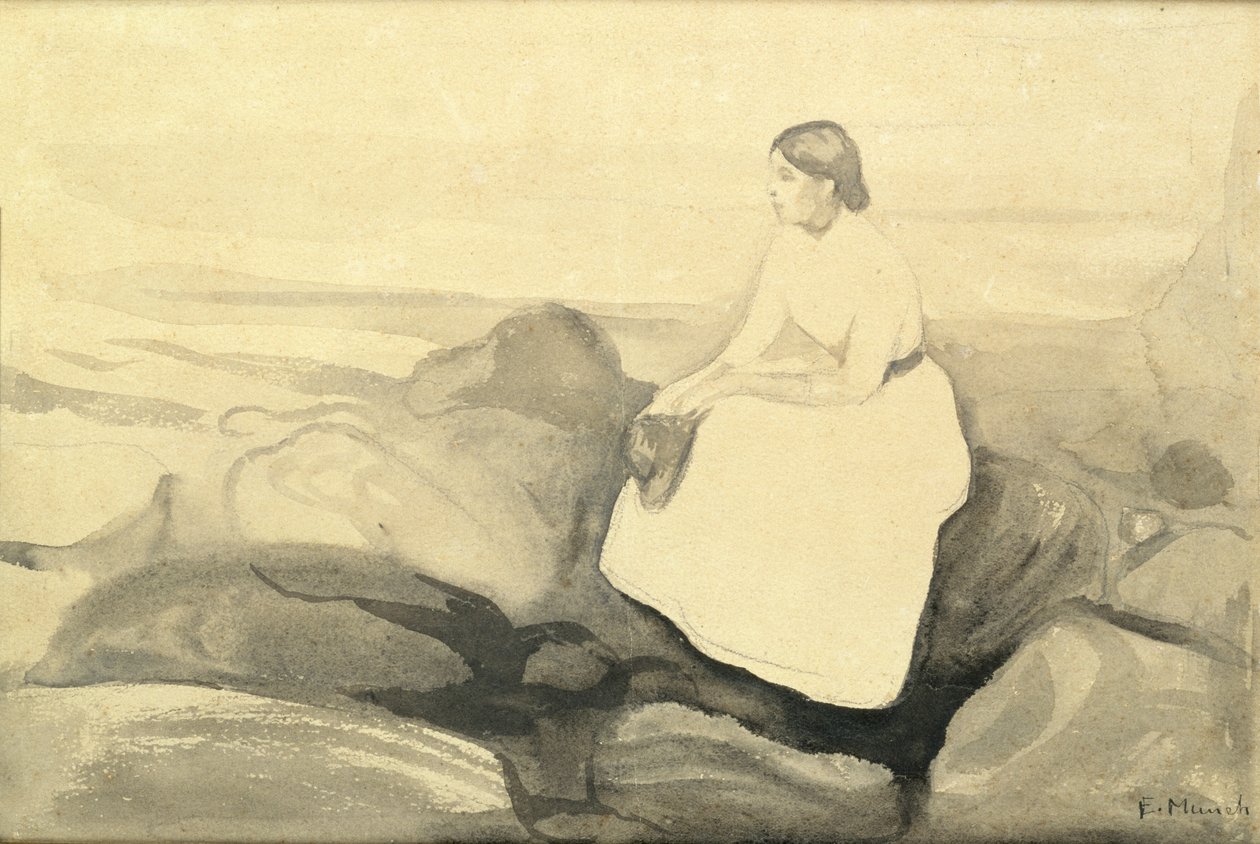 海滩上的英格尔（c.1889）（纸牌上的纸和铅笔）（见24717） 作者 爱德华·蒙克