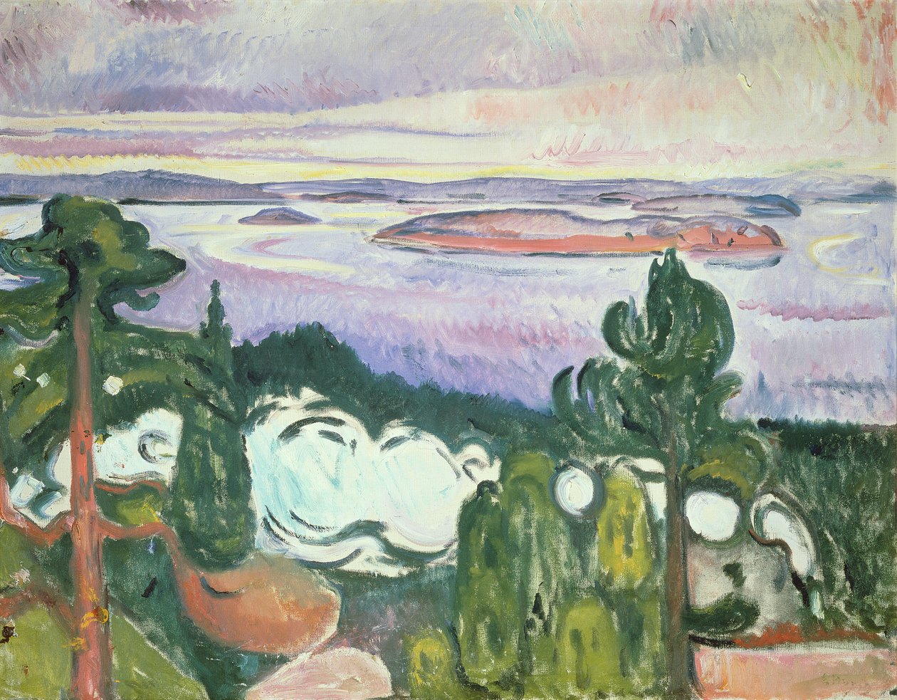 Oslofijord  - 北部海滩（风景与铁路，火车，烟）1910年 作者 爱德华·蒙克