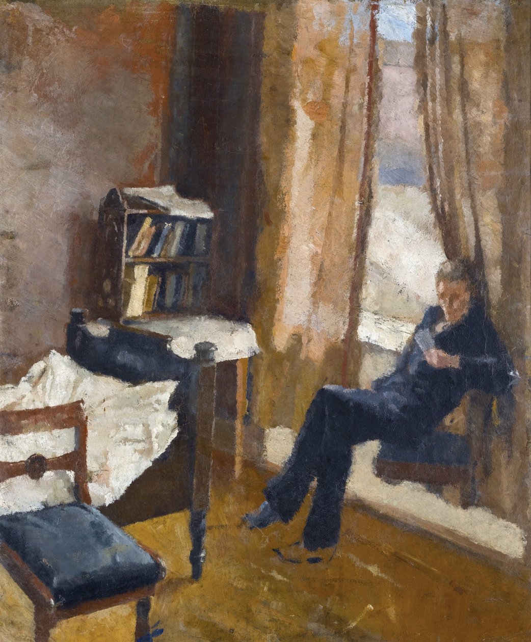 Andreas Reading par 蒙克，爱德华（1863-1944）。纸板油画，尺寸：57x48，约1882，私人收藏 作者 爱德华·蒙克