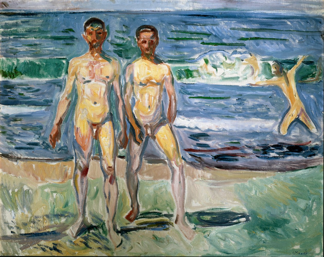 泳客绘画，爱德华·蒙克（1863-1944）1940-1942年，星期日。 149,5x120 cm维也纳，艺术史博物馆，德斯托尔堡Nue画廊 作者 爱德华·蒙克