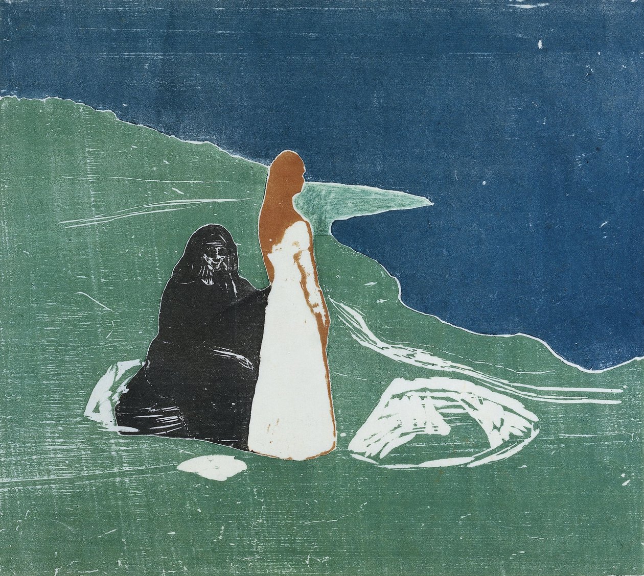 两个女人在海滩上，1898年（彩色木刻） 作者 爱德华·蒙克