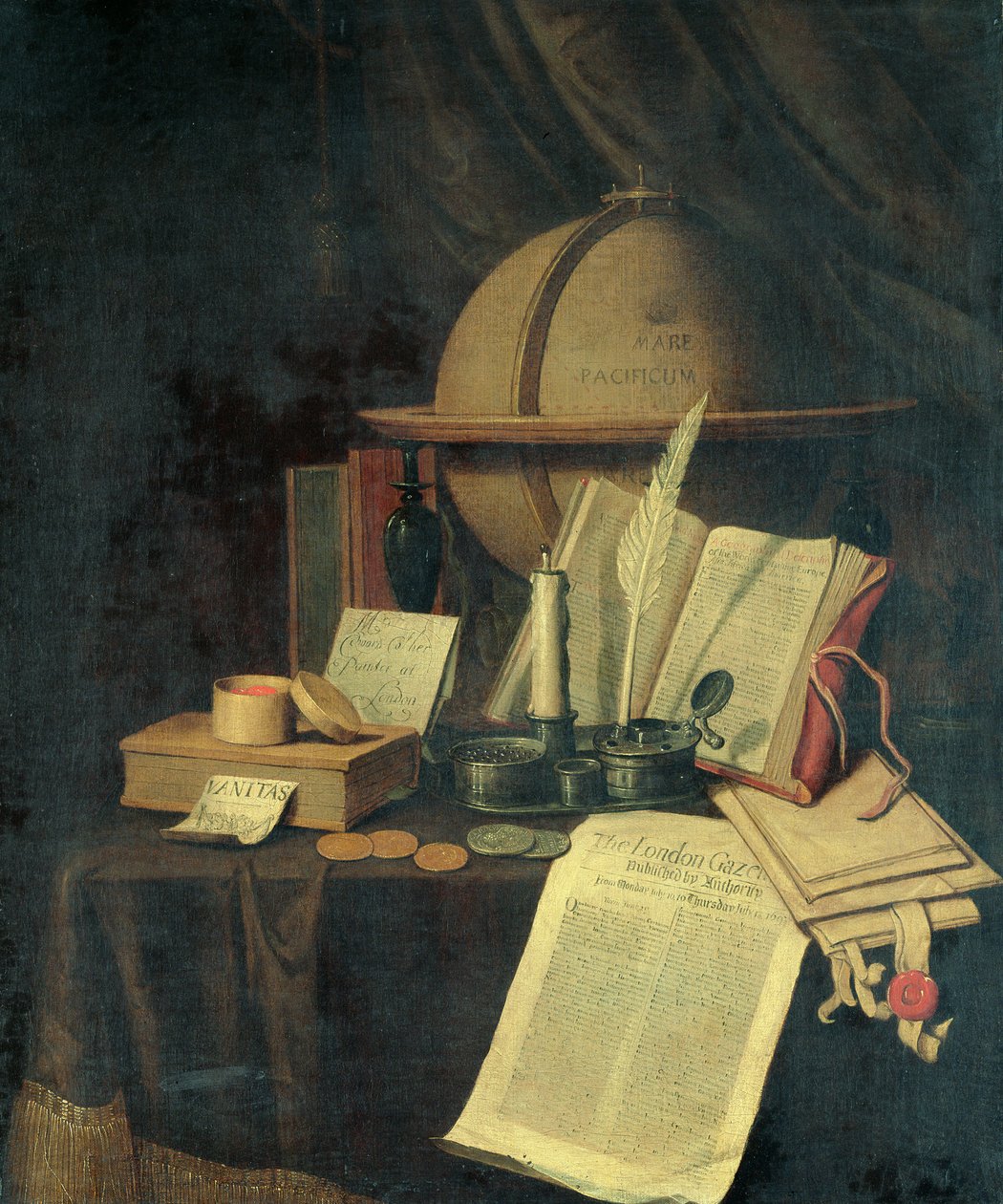 Omnia Vanitas：1691年7月13日的地球仪，Caviole，硬币和伦敦公报的副本 作者 Edwaert Colyer或Collier