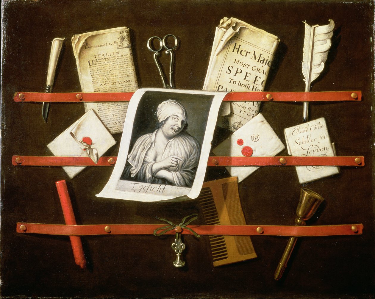 Trompe l&39;Oeil信件架上有一张女人的印刷品和1704年的议会演讲 作者 Edwaert Colyer或Collier