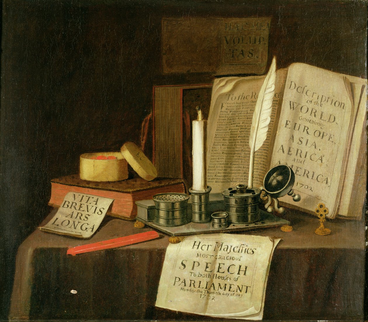 带有锡制墨水架，书籍和纸的Trompe L“ Oeil，1702年 作者 Edwaert Colyer或Collier