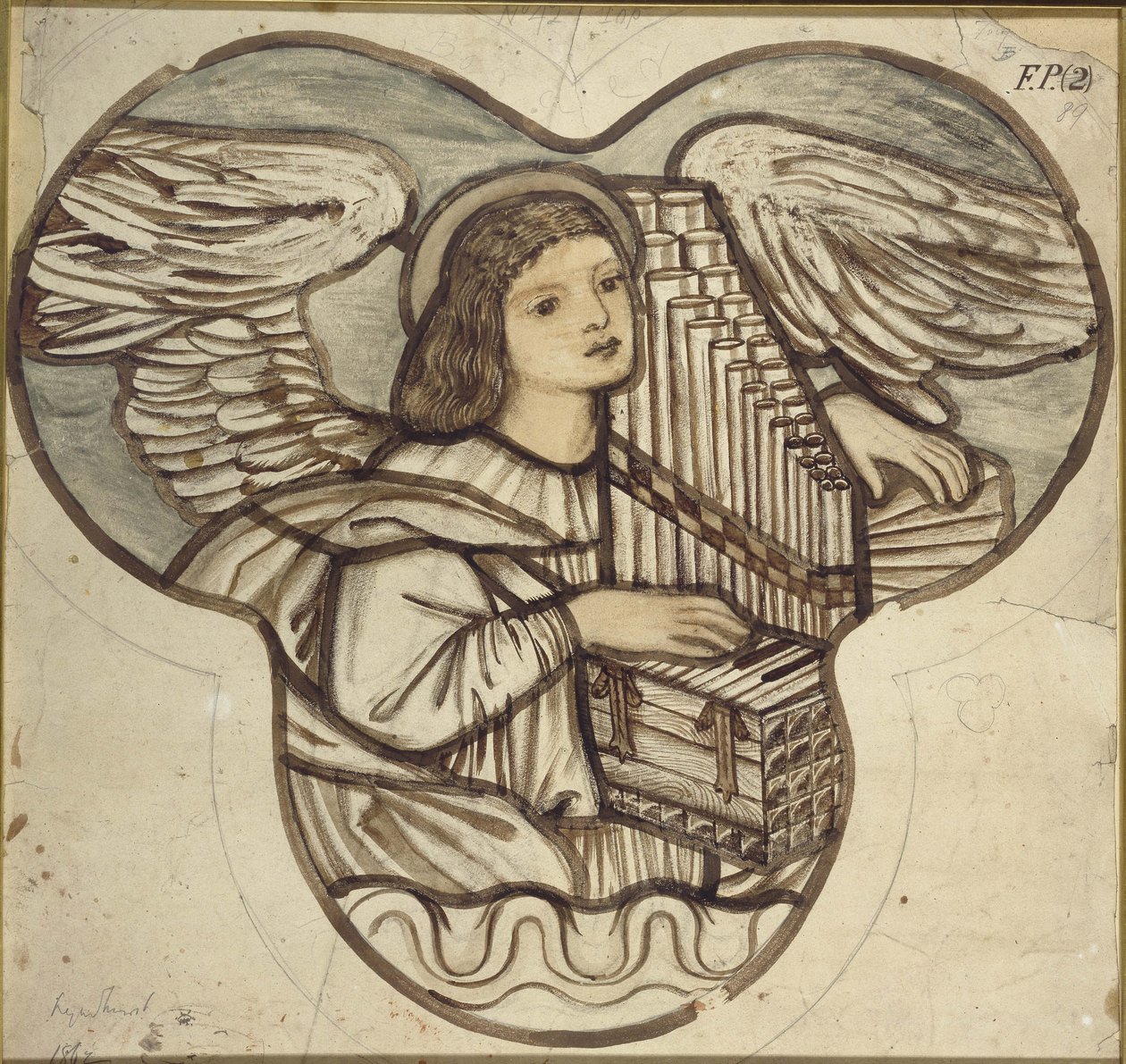 Lyndhurst教堂的彩色玻璃设计：天使风琴，1886年（石墨上的棕色和蓝色洗涤） 作者 爱德华·伯恩·琼斯