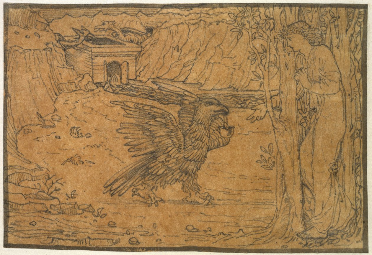丘比特和灵魂的故事：黑水，c。 1864年 -  c。 1868年（石墨，带有墨水边框，在描图纸上） 作者 爱德华·伯恩·琼斯