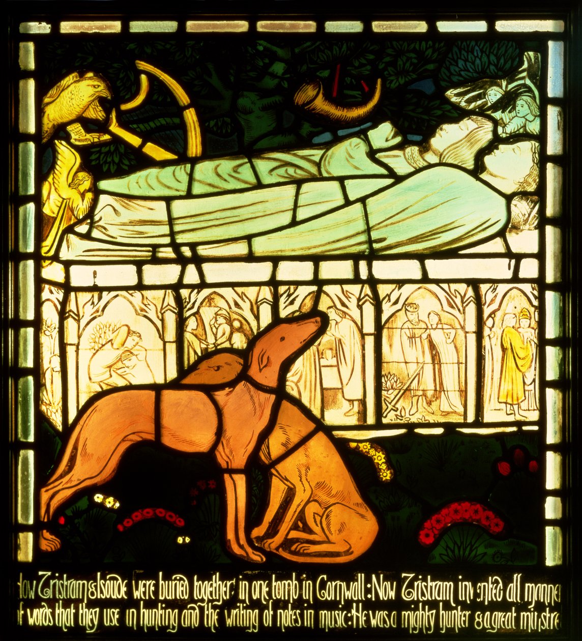Tristan和Isolde the Fair的墓，来自“特里斯坦和伊索尔德的故事”，William Morris und Co.（彩色玻璃） 作者 爱德华·伯恩·琼斯