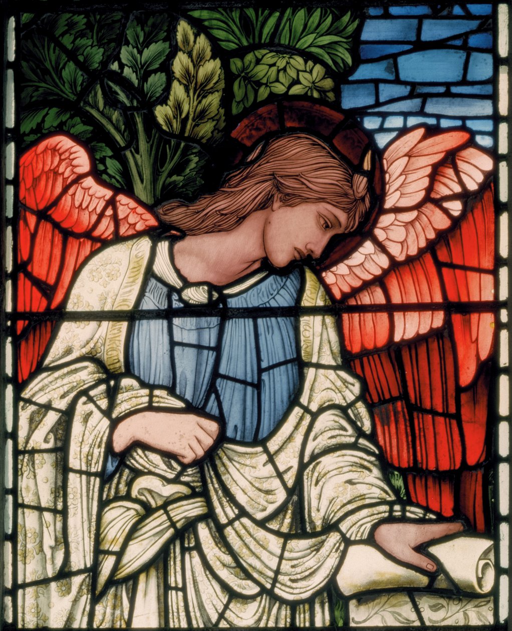Birmingham，Acocks Green，St Mary The Virgin，Morris＆Co.，Edward Burne-Jones，John Henry Dearle（1859-1932），Angel with Scroll，detail，1895 作者 爱德华·科利和迪尔·伯恩·琼斯