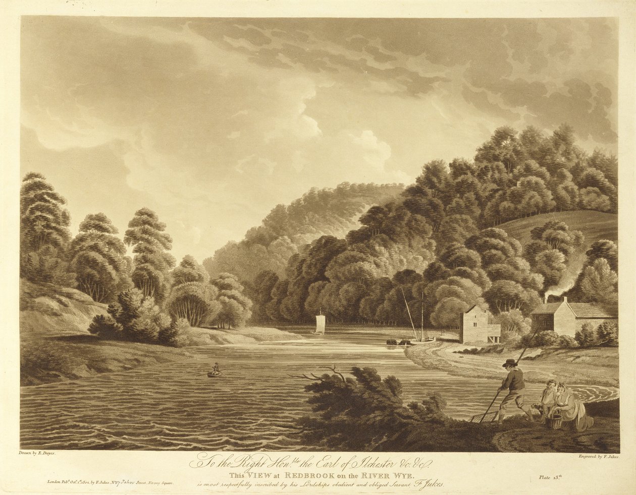 查看River Wye的Redbrook，从&39;Wye河景观&39;看板13，由F. Jukes雕刻，1802年（aquatint） 作者 爱德华·戴斯