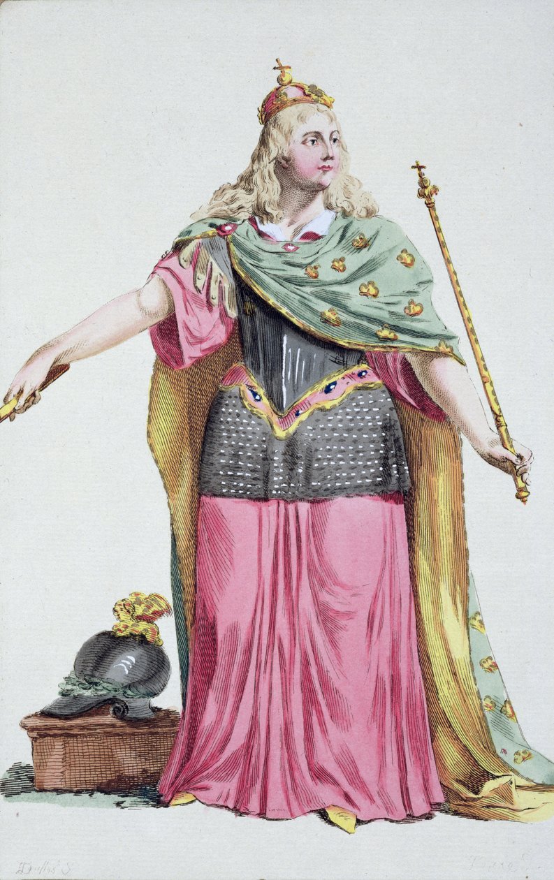 克里斯蒂娜（1626-89）瑞典女王，来自“所有现存国家服装的印刷，代表范围和点缀的集合”，1780年出版（手工彩色雕刻） 作者 爱德华·爱默生·西蒙斯
