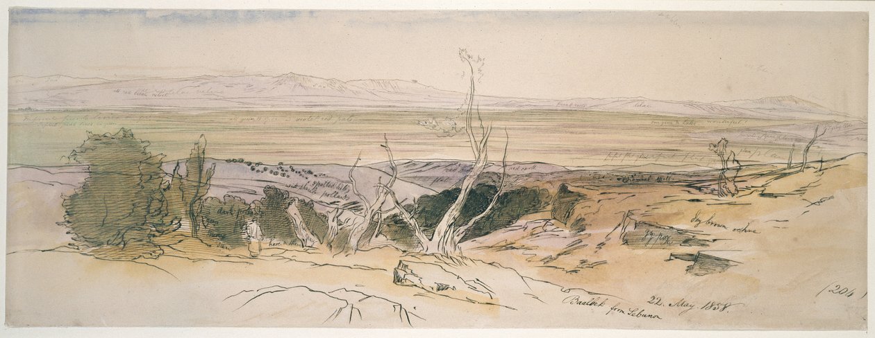 来自黎巴嫩的巴勒贝克，1858年（水彩和钢笔和黑色墨水与石墨指示） 作者 爱德华·李尔