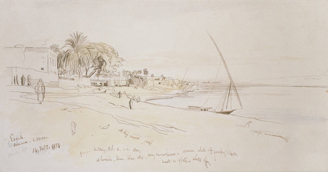 埃及，埃及，1854年（笔和棕色墨水，水墨在石墨上，在白纸上） 作者 爱德华·李尔