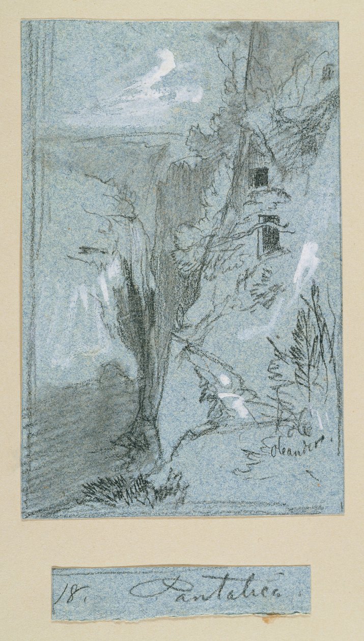 Pantalica，来自“西西里岛的景色”（蓝纸上的粉笔和水粉） 作者 爱德华·李尔