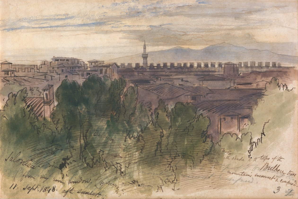 Salonica，来自我的房间窗户，1848年9月11日，日落之后 作者 爱德华·李尔