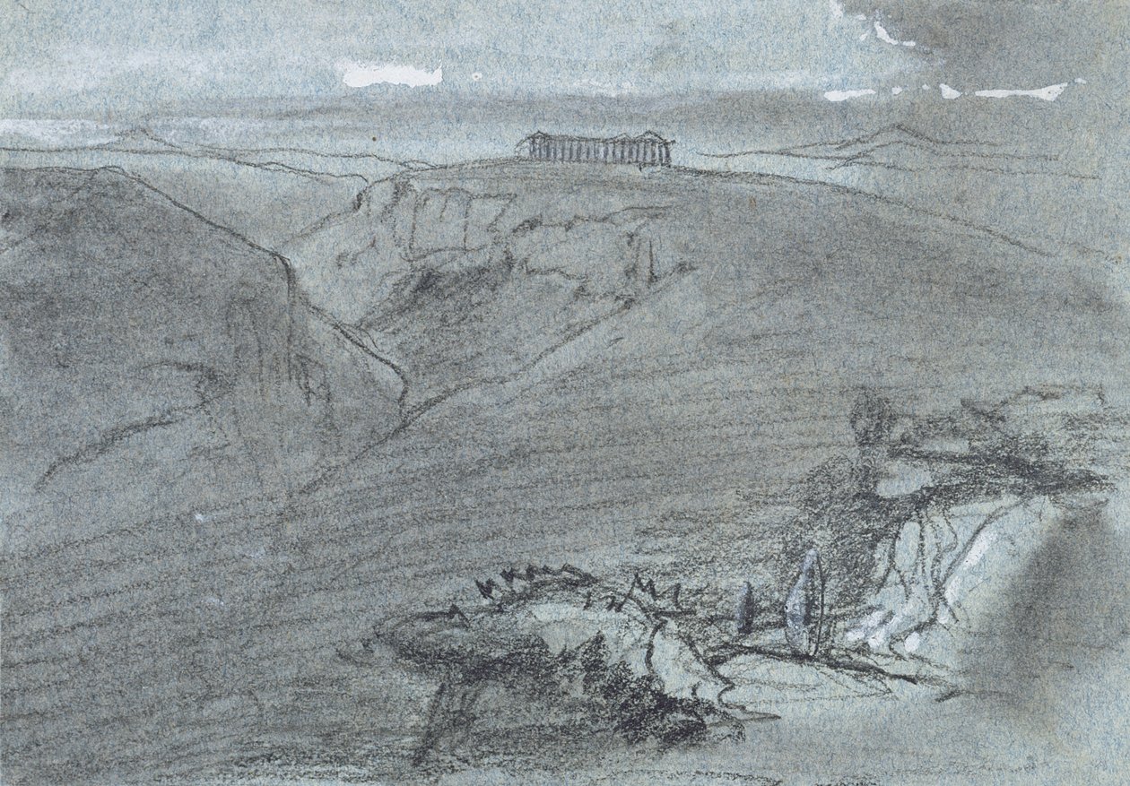 Segesta，来自“西西里岛的景色”（蓝纸上的粉笔和水粉） 作者 爱德华·李尔