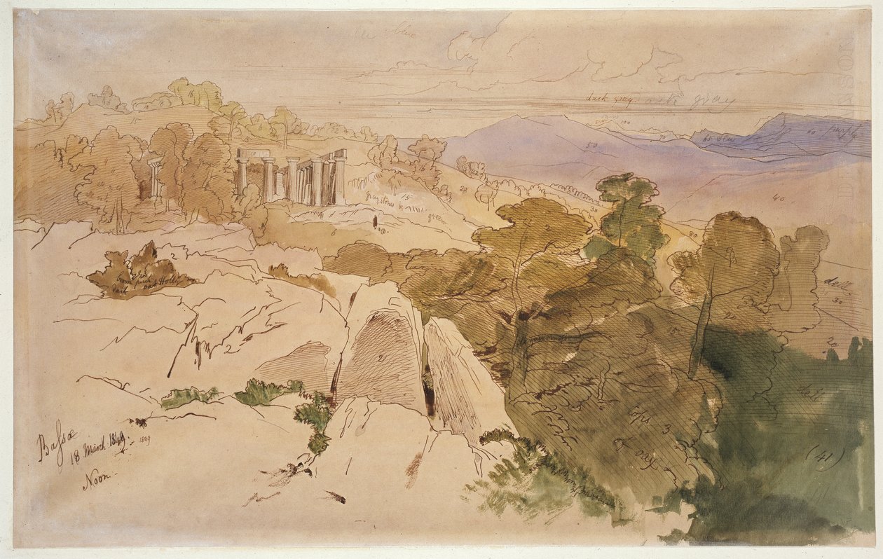 希腊Bassae的阿波罗神庙，1849年（笔和棕色墨水水彩和油画颜料在牛皮纸上） 作者 爱德华·李尔